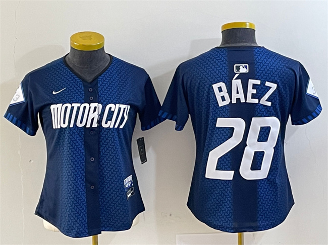Women's Detroit Tigers #28 Javier Báez 2024 Navy City Connect Cool Base Limited Stitched Baseball Jersey(Run Small) Women's Detroit Tigers #28 Javier Báez 2024 Navy City Connect Cool Base Limited Stitched Baseball Jersey(Run Small)